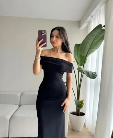 Noir Off-Shoulder Hourglass Maxi Dress
