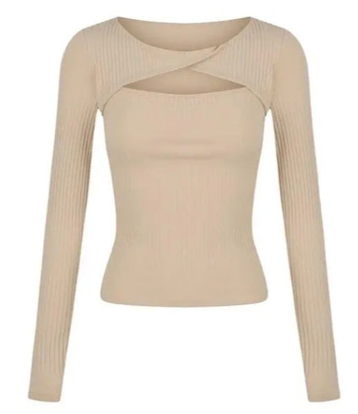 Knit Ribbed Long-Sleeve Cutout Bodysuit (or Top) in Nude/Beige