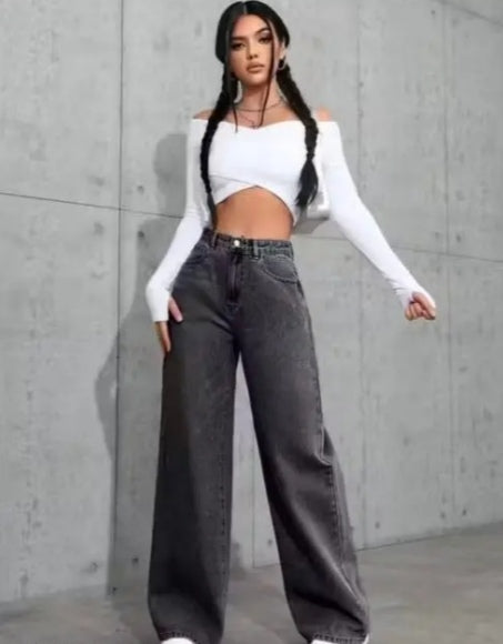 High-Waisted Dark Wash (Charcoal) Baggy Wide-Leg Jeans
