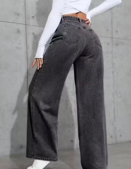 High-Waisted Dark Wash (Charcoal) Baggy Wide-Leg Jeans