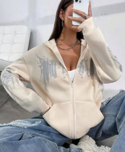 Beige Graphic Oversized Zip-Up Hoodie