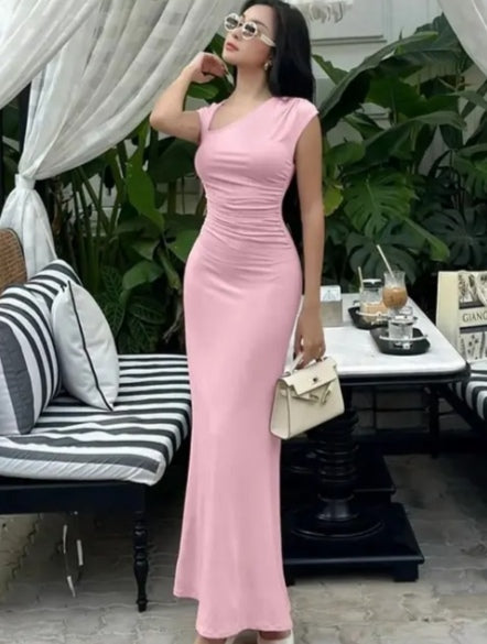 Chic & Ruched: Pink One-Shoulder Maxi Dress