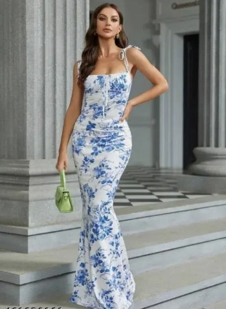 Blue Floral Print Ruched Tie-Shoulder Maxi Dress