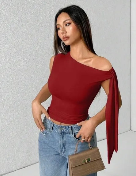 Red Classy One-Shoulder Party Top