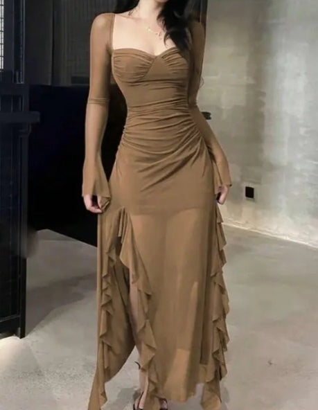 Ruched Romance: Sheer Mesh Ruffled Gown