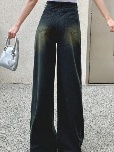 High-Waisted Baggy Wide-Leg Jeans with Graded Acid/Oil Wash