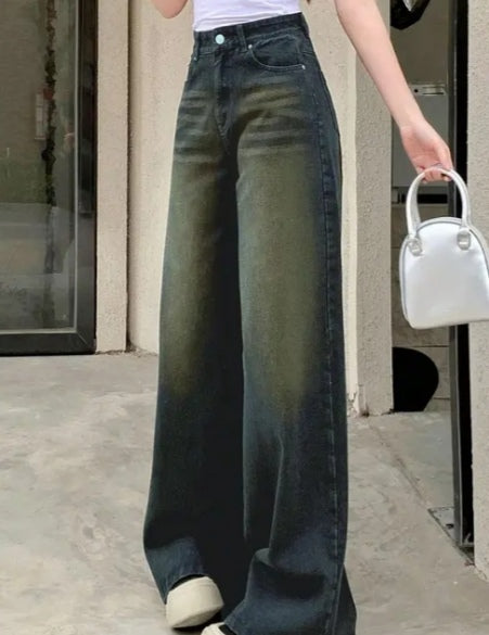 High-Waisted Baggy Wide-Leg Jeans with Graded Acid/Oil Wash