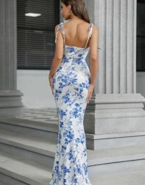 Blue Floral Print Ruched Tie-Shoulder Maxi Dress