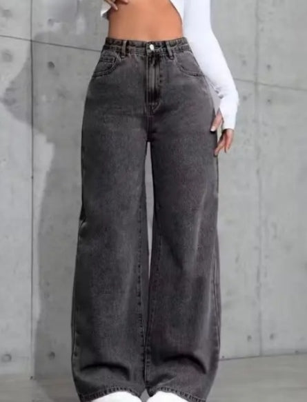 High-Waisted Dark Wash (Charcoal) Baggy Wide-Leg Jeans