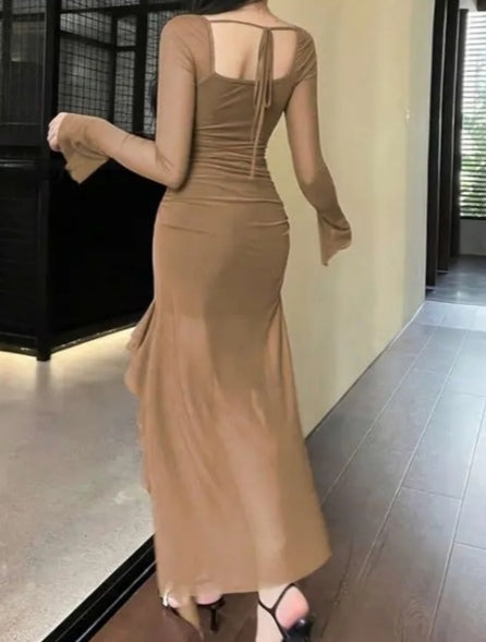 Ruched Romance: Sheer Mesh Ruffled Gown