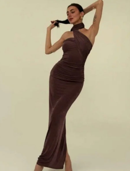 Chocolate Wrap-Neck Bodycon Gown