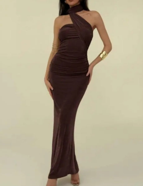 Chocolate Wrap-Neck Bodycon Gown