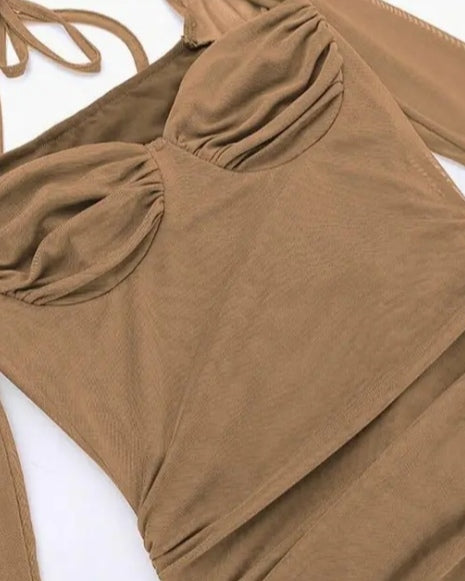 Ruched Romance: Sheer Mesh Ruffled Gown