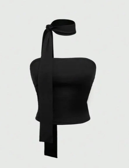 Asymmetric Tie-Neck Black Tube Top
