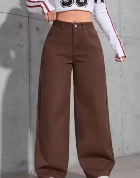 High-Waisted Chocolate Brown Baggy Wide-Leg Trousers/Jeans