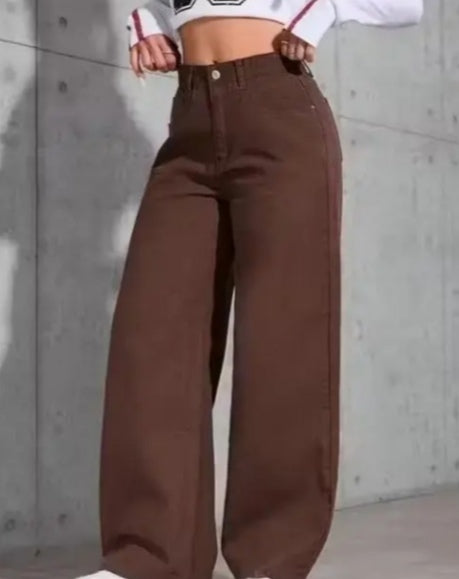 High-Waisted Chocolate Brown Baggy Wide-Leg Trousers/Jeans