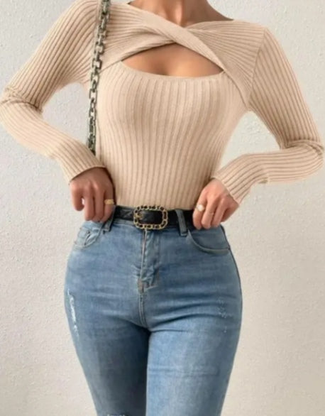 Knit Ribbed Long-Sleeve Cutout Bodysuit (or Top) in Nude/Beige