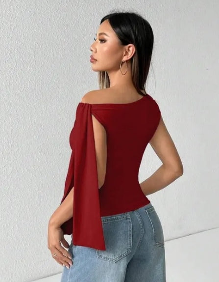 Red Classy One-Shoulder Party Top