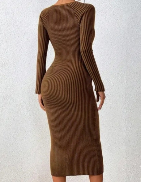 Brown Long Sleeve Fitted Sweater Dress