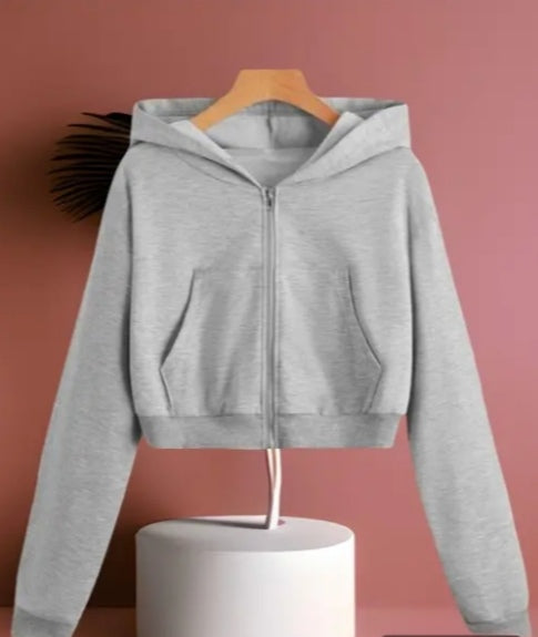 Classic Grey Zip-Up Cropped Hoodie