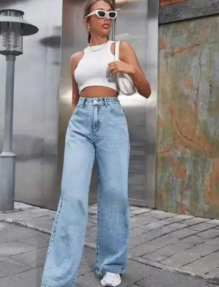 High-Waisted Light Wash Wide-Leg Jeans