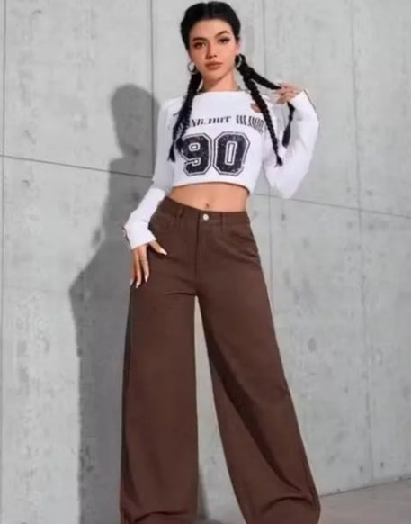 High-Waisted Chocolate Brown Baggy Wide-Leg Trousers/Jeans