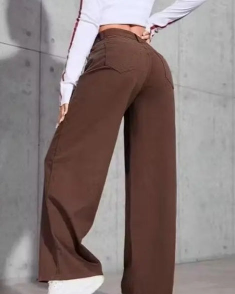 High-Waisted Chocolate Brown Baggy Wide-Leg Trousers/Jeans