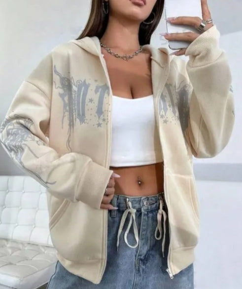 Beige Graphic Oversized Zip-Up Hoodie