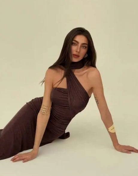 Chocolate Wrap-Neck Bodycon Gown